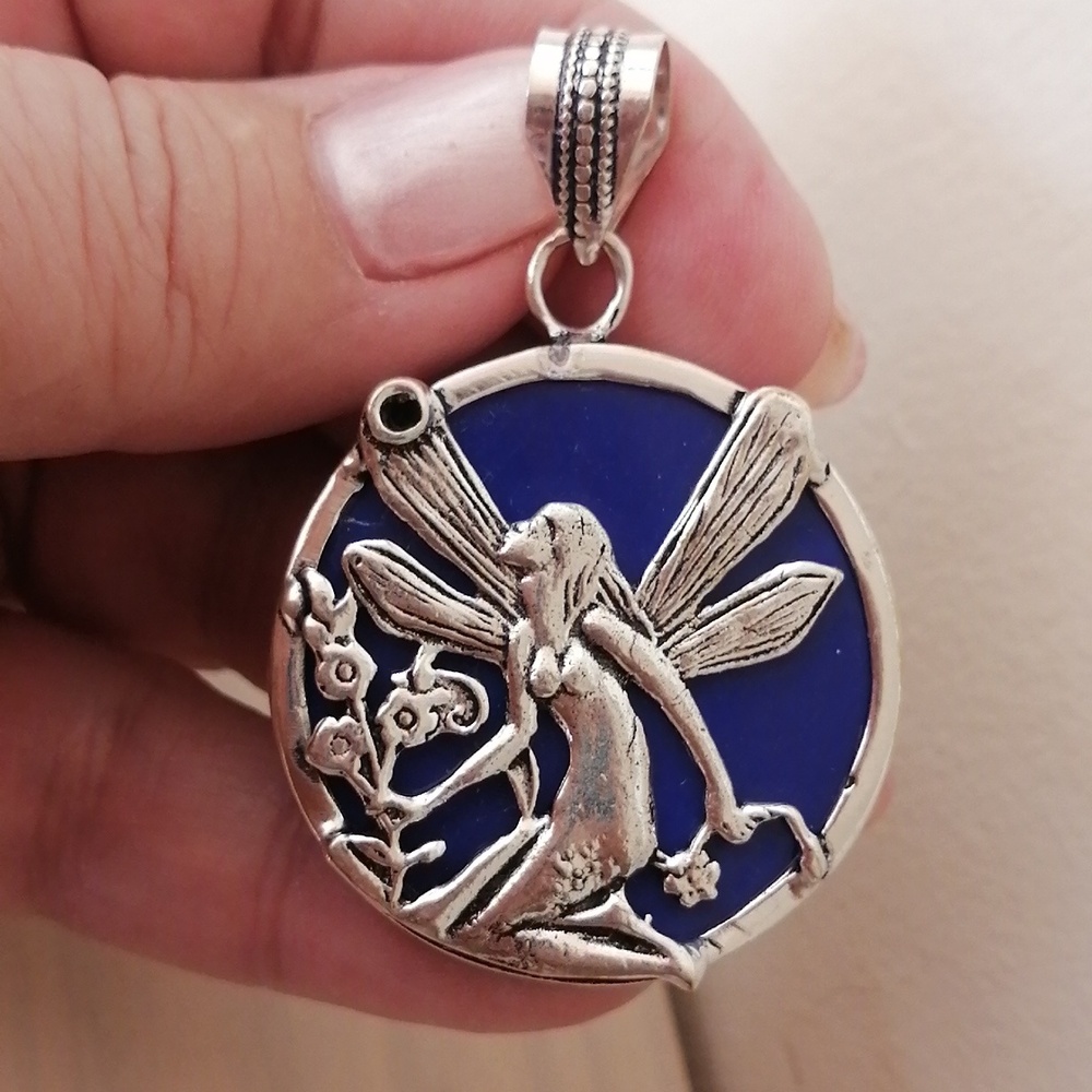 Gorgeous Fairy Picking Flowers Simulated Sapphire Stone On Background Pendant